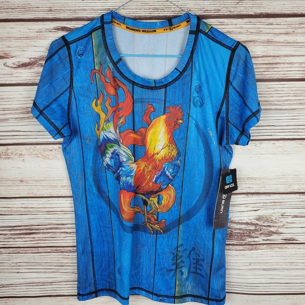 NWT INKnBURN Womens Medium Fire Rooster Tech Short Sleeve Top Shirt